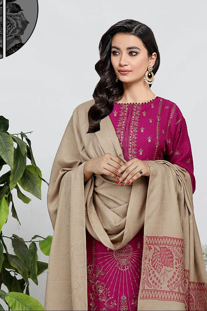 AA Peach Embroided Dil Naaz- 3pcs- Skin Wool Shawl -A2