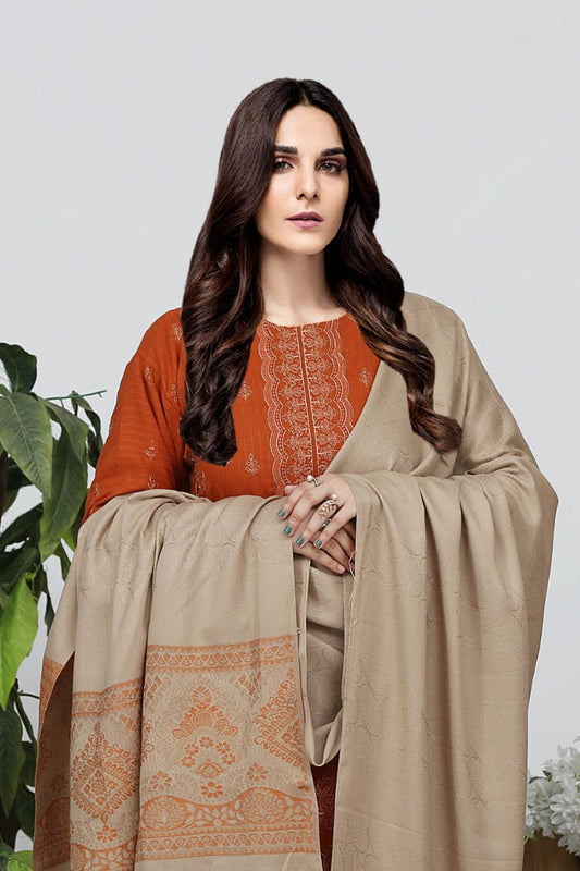 AA Peach Embroided Dil Naaz- 3pcs- Skin Wool Shawl -A3